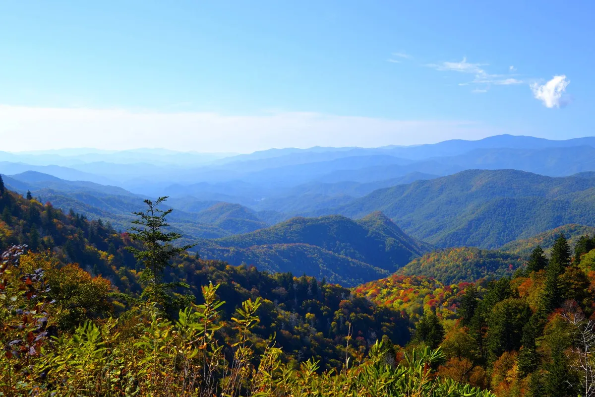 A sweeping view of distant mountain ranges blanketed in autumn foliage under a vast, clear blue sky. The scene exudes tranquility and natural beauty, evoking the nearby hiking opportunities described in the narrative.